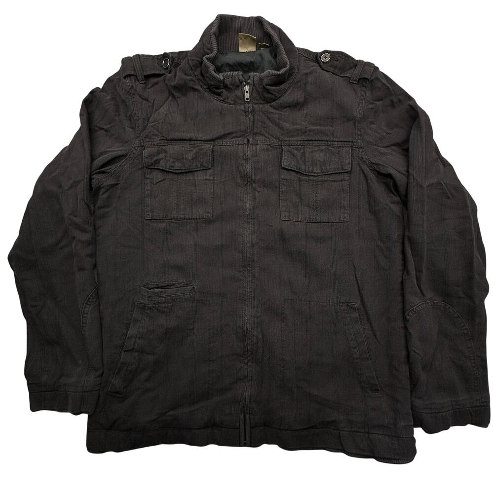 All-Son Jacket Striped Mens XL Zip Pockets Long Sleeve Shacket Military Black